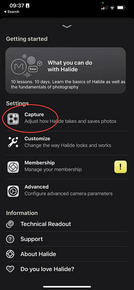 enable raw in Halide app